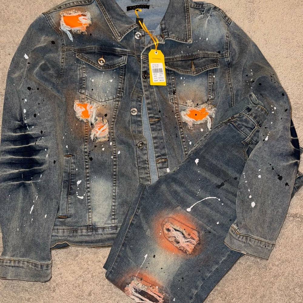 Distressed Denim Jacket and Jeans Set with Paint Splatter